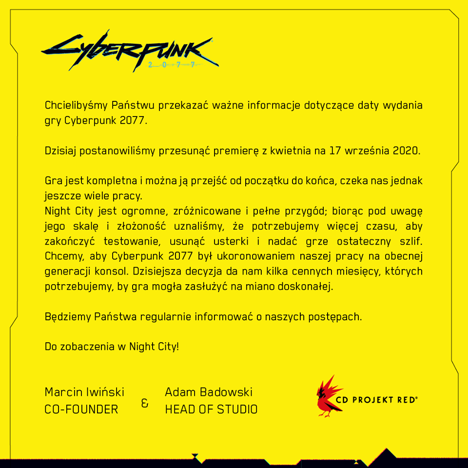 CD Projekt RED przełożył premierę Cyberpunka 2077