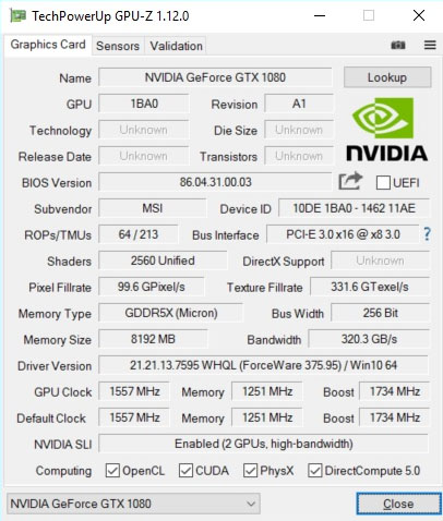 Test laptopa MSI GT83VR 6RF GPU-Z