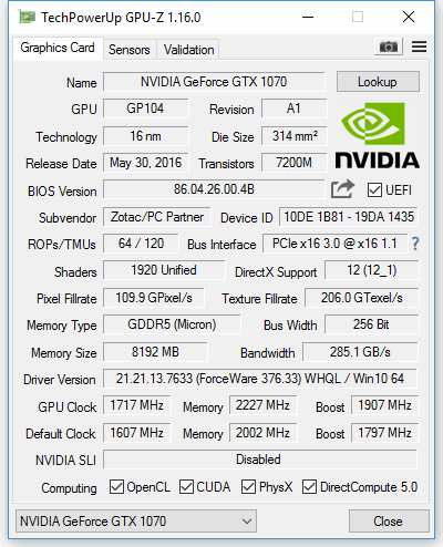 Test karty graficznej Zotac GTX 1070 AMP