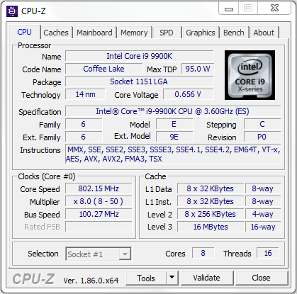 Test procesora Intel Core i9-9900K - zrzut ekranu z CPU-Z (zakładka CPU)