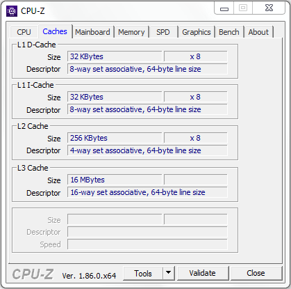 Test procesora Intel Core i9-9900K - zrzut ekranu z CPU-Z (zakładka Caches)