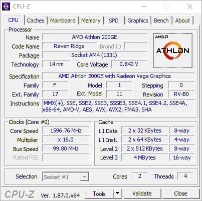 AMD Athlon 200GE - screen CPU-Z