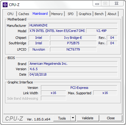 Test procesora Intel Xeon E5-1650 v2: screen CPU-Z na płycie głównej HUANAN X79
