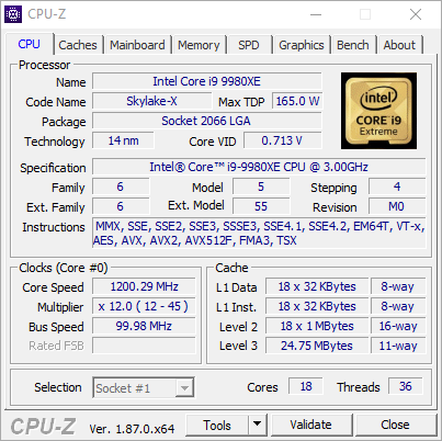 Test procesora Intel Core i9-9980XE - zrzut ekranu z CPU-Z (zakładka CPU)