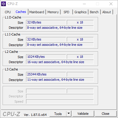 Test procesora Intel Core i9-9980XE - zrzut ekranu z CPU-Z (zakładka Caches)