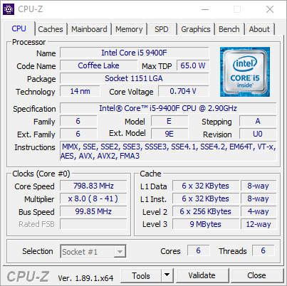 Test procesora Intel Core i5-9400F – zrzut ekranu z CPU-Z (zakładka CPU)