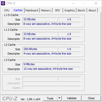 Test procesora Intel Core i5-9400F – zrzut ekranu z CPU-Z (zakładka Caches)