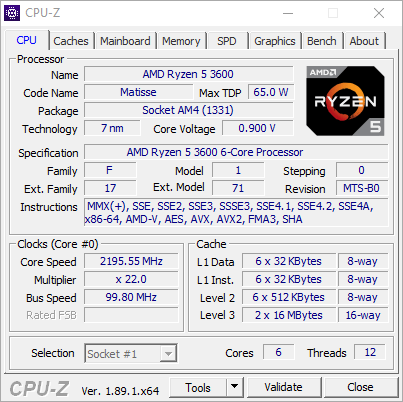 Test procesora AMD Ryzen 5 3600 – zrzut ekranu z CPU-Z (zakładka CPU)