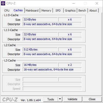 Test procesora AMD Ryzen 5 3600 – zrzut ekranu z CPU-Z (zakładka Caches)
