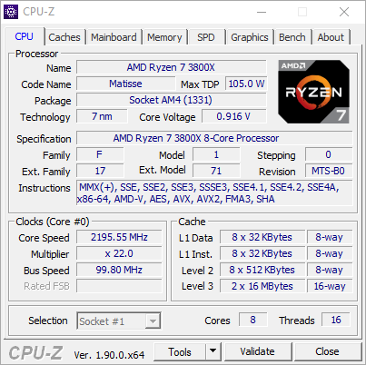 Test procesora AMD Ryzen 7 3800X – zrzut ekranu z CPU-Z (zakładka CPU)