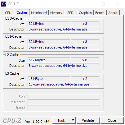 Test procesora AMD Ryzen 7 3800X – zrzut ekranu z CPU-Z (zakładka Caches)