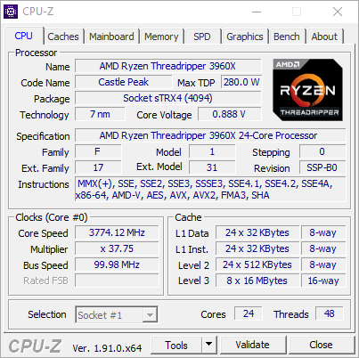 Test procesora AMD Ryzen Threadripper 3960X – zrzut ekranu z CPU-Z (zakładka CPU)