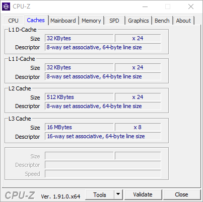 Test procesora AMD Ryzen Threadripper 3960X – zrzut ekranu z CPU-Z (zakładka Caches)
