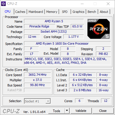 Test procesora AMD Ryzen 5 1600 AF – zrzut ekranu z CPU-Z (zakładka CPU)
