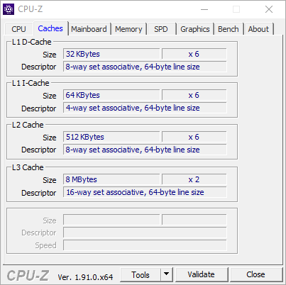 Test procesora AMD Ryzen 5 1600 AF – zrzut ekranu z CPU-Z (zakładka Caches)