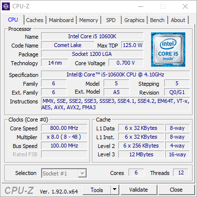 Test procesora Intel Core i5-10600K – zrzut ekranu z CPU-Z (zakładka CPU)