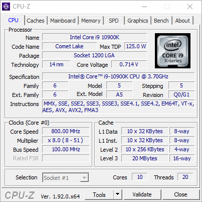 Test procesora Intel Core i9-10900K – zrzut ekranu z CPU-Z (zakładka CPU)