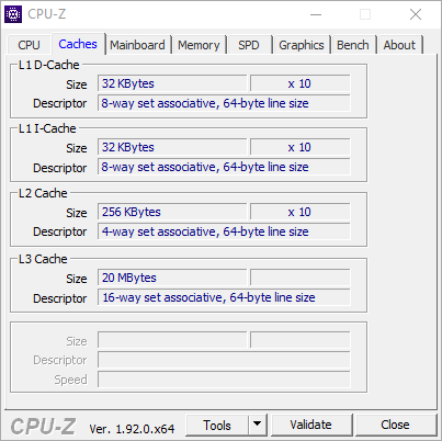 Test procesora Intel Core i9-10900K – zrzut ekranu z CPU-Z (zakładka Caches)