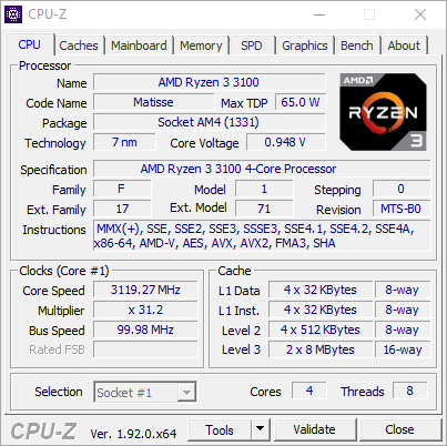 Test procesora AMD Ryzen 3 3100 – zrzut ekranu z CPU-Z (zakładka CPU)