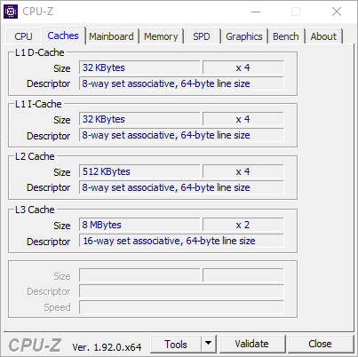 Test procesora AMD Ryzen 3 3100 – zrzut ekranu z CPU-Z (zakładka Caches)