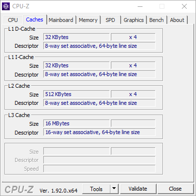 Test procesora AMD Ryzen 3 3300X – zrzut ekranu z CPU-Z (zakładka Caches)