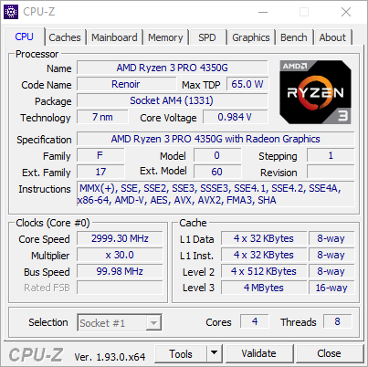 Test procesora AMD Ryzen 3 PRO 4350G – zrzut ekranu z CPU-Z (zakładka CPU)