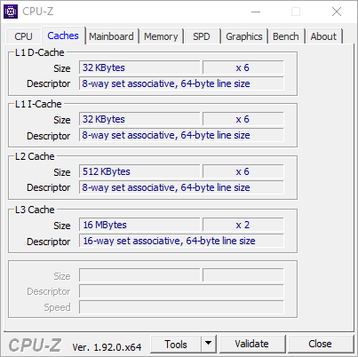 Test procesora AMD Ryzen 5 3600XT – zrzut ekranu z CPU-Z (zakładka Caches)