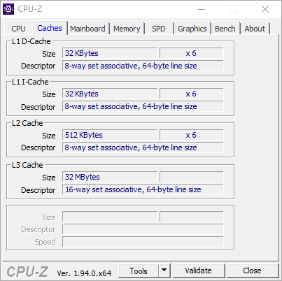 Test procesora AMD Ryzen 5 5600X – zrzut ekranu z CPU-Z (zakładka Caches)