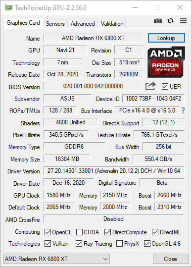 ASUS TUF GAMING Radeon RX 6800 XT OC - test na platformie Intela z SAM