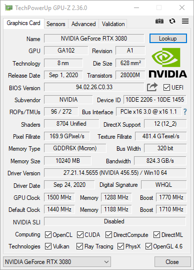 KFA2 GeForce RTX 3080 SG (1-Click OC) – test karty graficznej + NVIDIA PCAT