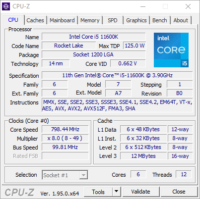 Test procesora Intel Core i5-11600K – zrzut ekranu z CPU-Z (zakładka CPU)