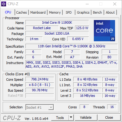 Test procesora Intel Core i9-11900K – zrzut ekranu z CPU-Z (zakładka CPU)