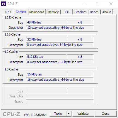 Test procesora Intel Core i9-11900K – zrzut ekranu z CPU-Z (zakładka Caches)