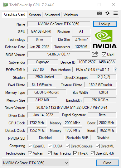 GIGABYTE GeForce RTX 3050 GAMING OC 8G - test karty graficznej